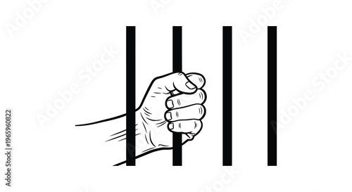 A dramatic black and white image depicting a hand reaching through prison bars a powerful symbolic silhouette high quality professional detailed