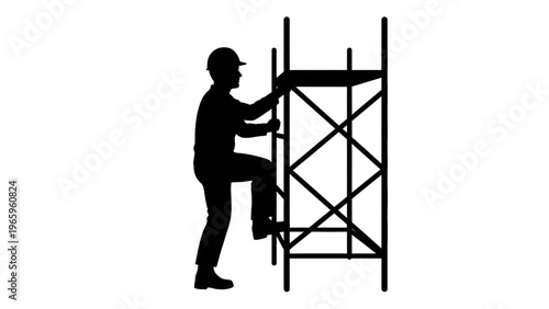 Silhouette of construction worker climbing scaffolding structure