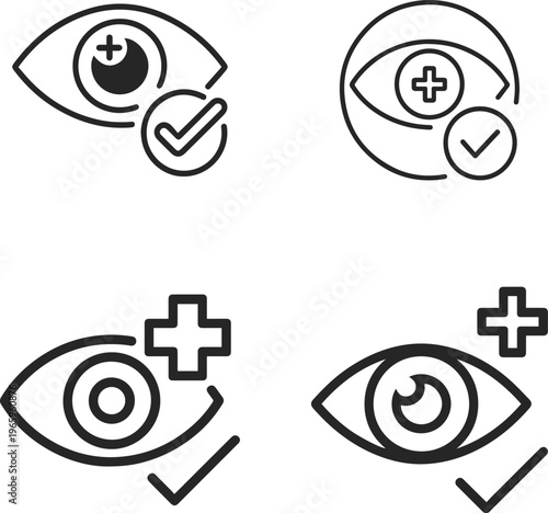 Set of four eye care icons featuring a stylized eye symbol with a plus sign and a check mark, representing vision health, medical check-ups, and positive eye examination results