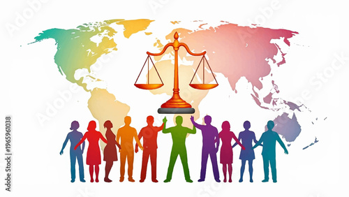 Justice, equality, law icons, colorful people, world map background