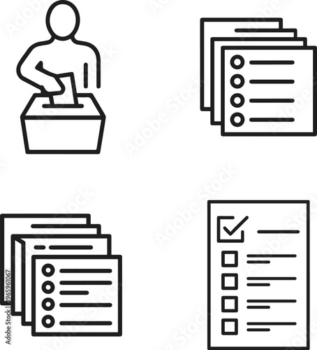 Set of four line art icons representing voting, ballots, and checklists, symbolizing democratic processes, decision-making, and task management for various applications and presentations