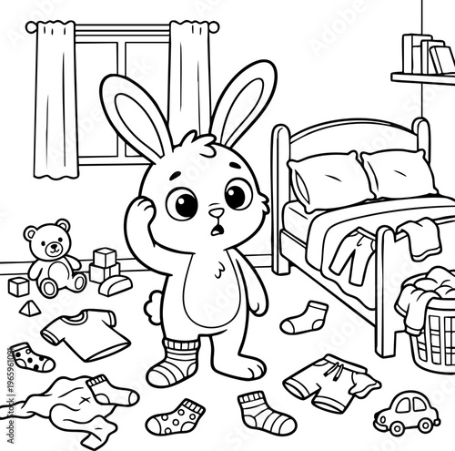 Adorable cartoon bunny stands bewildered in a cluttered room filled with scattered clothes, socks, and toys, ready for a fun coloring activity. This charming black and white line art illustrates