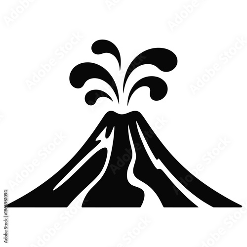 A striking black silhouette depicts a volcanic eruption with flowing lava a dramatic landscape silhouette