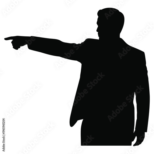 A sharply defined silhouette of a man in a suit pointing to the right silhouette