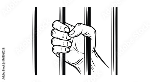 A hand gripping vertical bars suggesting imprisonment or restriction rendered as a striking black silhouette high quality professional detailed modern elegant