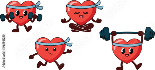 Cute heart mascot character set exercising with dumbbells lifting weights running and meditating in yoga pose for healthy lifestyle fitness concept flat vector illustration.