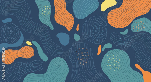 Abstract organic shapes and fluid forms create a dynamic and modern background.