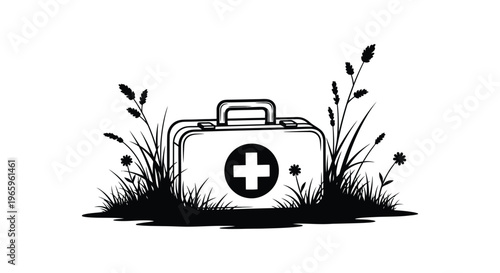 A vintage medical case with a red cross symbol rests among wildflowers and grasses presented as a silhouette high quality professional