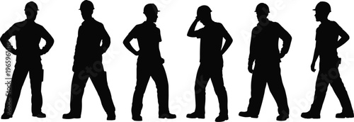 Silhouettes of construction workers wearing safety hard hats in various poses representing teamwork, labor, industry, stress, and focus