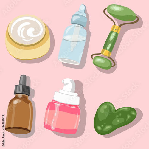 Beauty Skincare Objects Set with Cream Jar, Serum Bottle, Jade Roller, Gua Sha Stone and Cosmetic Containers.