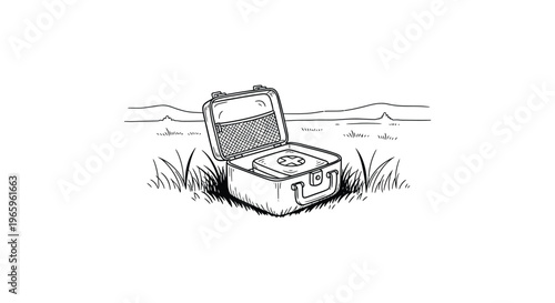 An open briefcase rests in a grassy field with a distant horizon depicted in a striking silhouette high quality professional detailed