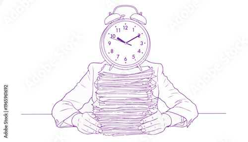 A person with an alarm clock for a head holding a large stack of papers