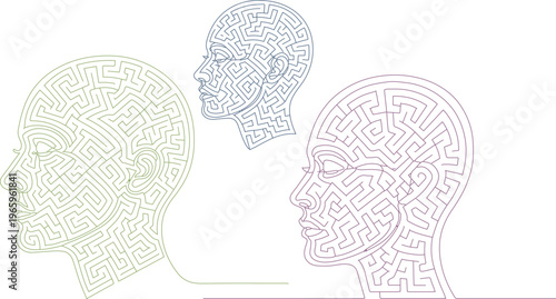 Maze head, brain puzzle, thinking concept, problem solving, mind games, vector illustrations