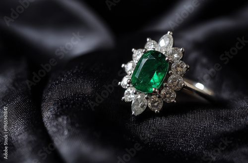 A close-up of a diamond ring with a large emerald stone on a black fabric background