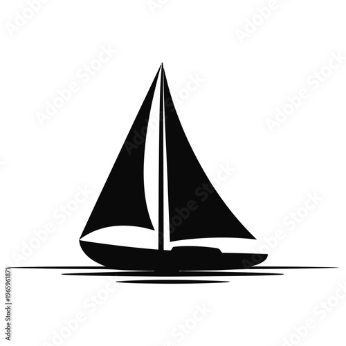 A striking black sailboat gliding across calm waters presented as a bold silhouette