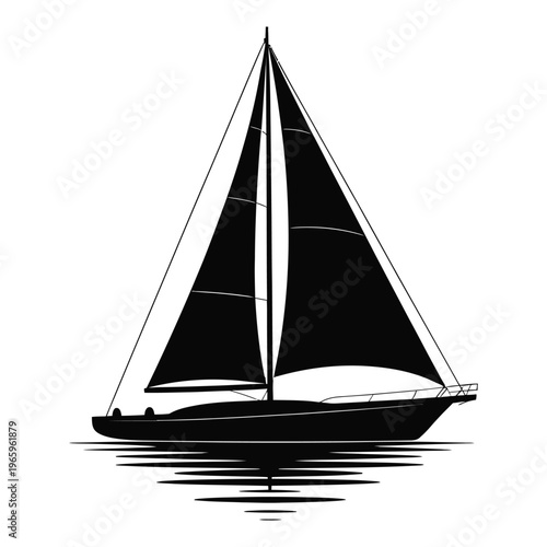 A striking black sailboat gliding across calm waters presented as a bold silhouette