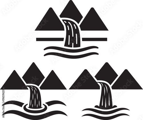 Black and White Mountain Landscape with Flowing Waterfall Icon Set Simple Line Art Vector Illustration for Nature with Graphic Element