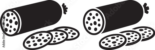 Black and White Salami Sausage Log and Sliced Pieces Line Art Icon Illustration for Deli Food Design Elements with Sliced Meat with Cured Meat