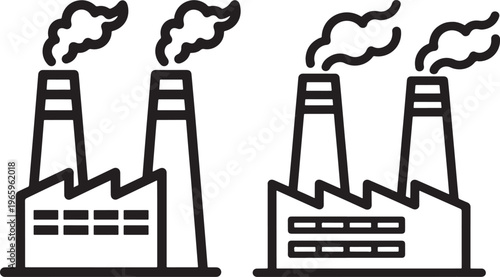 Industrial Factory Buildings with Smoking Chimneys Black and White Line Art Icon for Manufacturing and Pollution Issues with Industrial Revolution with Climate Change with Carbon Footprint