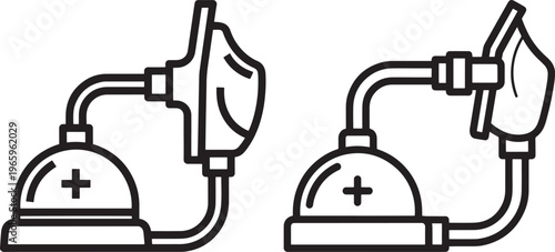 Oxygen Mask and Tank Medical Respiratory Device Black and White Line Art Icon for Healthcare Illustration with Medical Equipment with First Aid with Life Support with Critical Care with Intensive Care