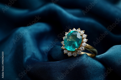 A luxurious gold ring with a large oval-cut aquamarine gemstone surrounded by diamonds on a dark blue satin fabric