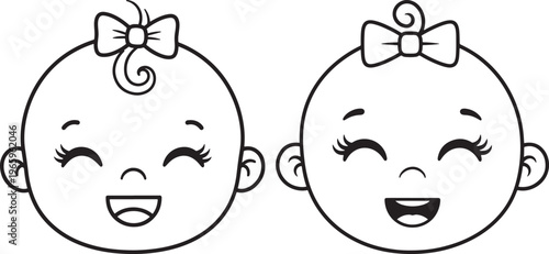 Cute Happy Baby Faces with Bows Line Art Illustration - Smiling Infant Kids Black and White Minimalist Icon Vector Design