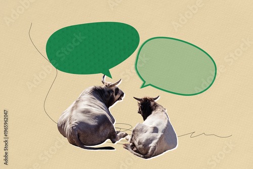 Template sketch image composite artwork collage of psychedelic two cow animal horns wildlife quote sticker dialog note speech talk
