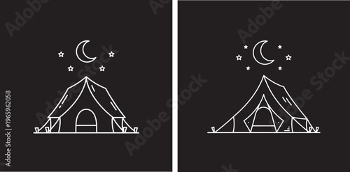 Camping Tent Under Moon and Stars at Night Line Art Illustration - Outdoor Adventure Minimalist Icon Vector