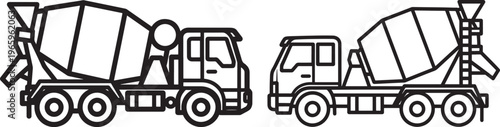 Two Concrete Mixer Trucks Line Art Illustration - Industrial Vehicle Black and White Outline Icon Vector with Design Element