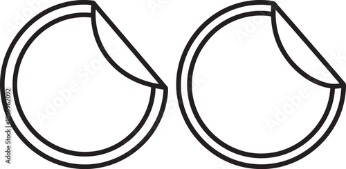 Blank Round Circular Stickers with Peeling Corners Line Art - Adhesive Label Tag Minimalist Icon Vector with Mock Up