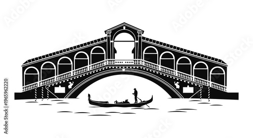 A striking black and white illustration depicts a venetian bridge with a gondola and figure silhouette high quality professional detailed modern