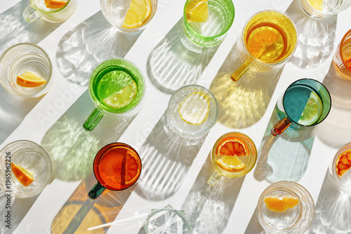 Vivid Glasses with cold detox water as summer still life pattern, shadow and sunlight refraction, closeup glass cups of infused fruit water, slises of lemon, orange, healthy summer drink