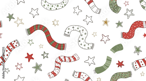 Hand drawn winter scarf and star pattern vector with cozy festive holiday elements on white background