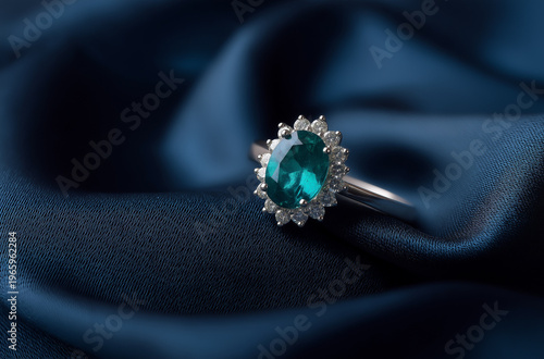 A luxurious ring with a large emerald stone surrounded by diamonds on a dark blue fabric background