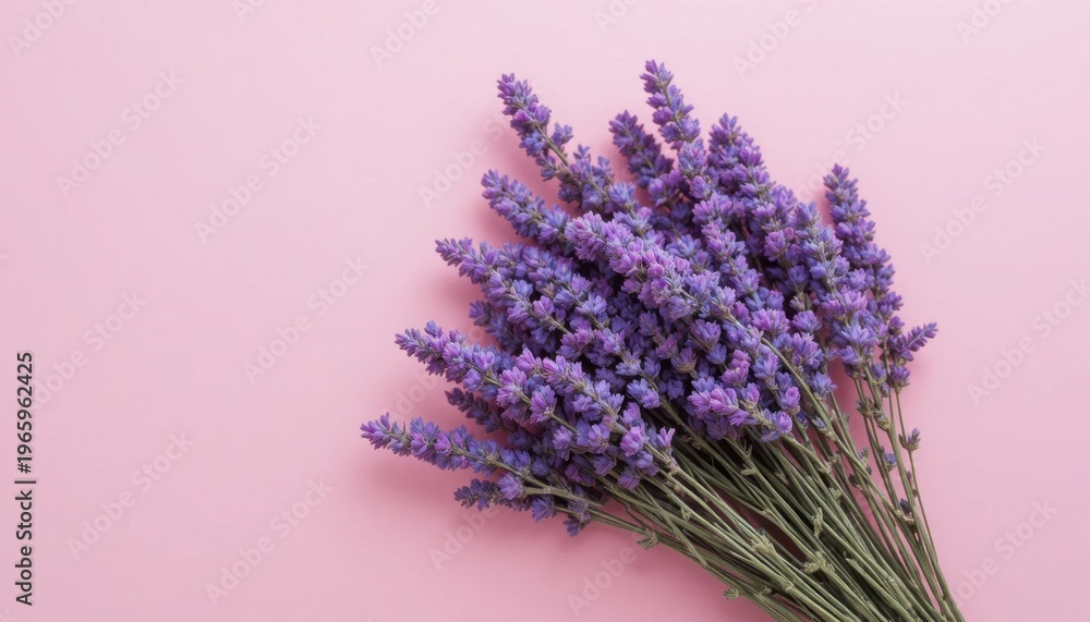 Fototapeta premium Lavender Bouquet Arranged on Soft Pink Background for a Fresh and Soothing Aesthetic Appeal