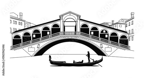 A detailed illustration depicts the bridge of sighs in venice italy alongside a gondola and gondolier silhouette high quality professional modern