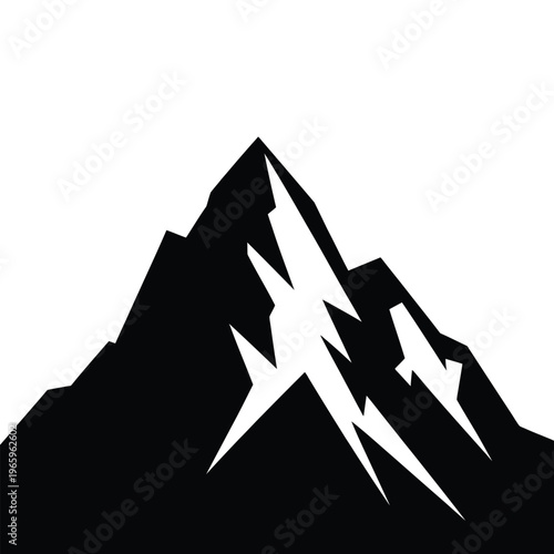 A dramatic sharply defined mountain peak depicted in a striking black silhouette