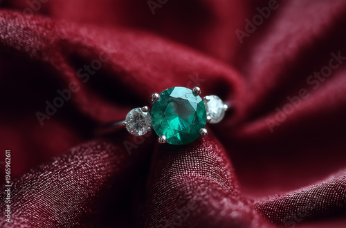 A close-up of a ring with a large emerald stone and two diamonds on a red fabric background