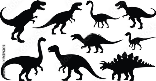 Silhouettes of diverse dinosaurs including Tyrannosaurus rex, Stegosaurus, sauropods, prehistoric reptile figures isolated on white background illustration