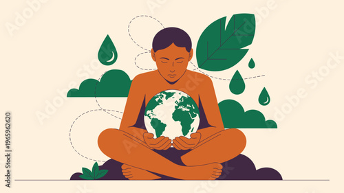 Mindful human holding Earth, climate anxiety and environmental responsibility concept, eco awareness illustration