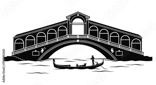 A striking black and white illustration depicts a venetian gondola under an arched bridge creating a dramatic silhouette high quality professional
