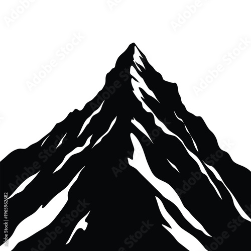 A dramatic sharply defined mountain peak depicted in a striking black silhouette