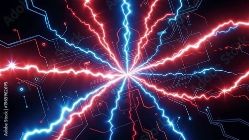 Dynamic and powerful visual of vibrant red and electric blue lightning bolts intensely converging from a central point, creating an energetic cosmic explosion.
