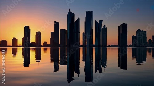Dramatic silhouette of a modern city skyline with towering skyscrapers reflected perfectly on calm water during a breathtaking golden sunset.
