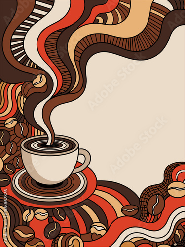 Abstract coffee background with cup and steam swirls, retro style coffee banner with beans and warm tones