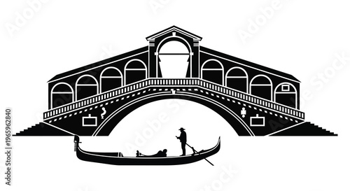 A striking black and white depiction of a venetian bridge with a gondola and figure a beautiful silhouette high quality professional