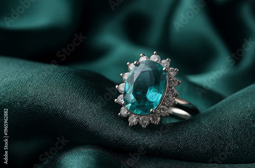 A luxurious ring with a large blue gemstone surrounded by diamonds on a green fabric background