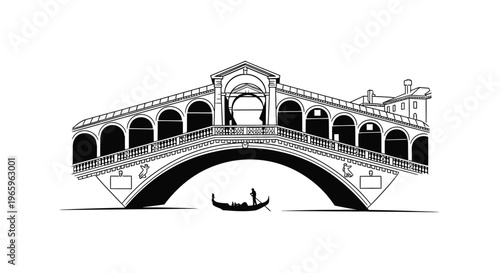 A detailed black and white illustration depicts a venetian bridge with a gondola and figure a striking silhouette high quality professional