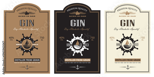 collection of gin labels with yacht and helm in retro style