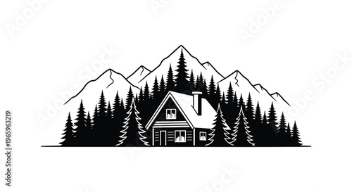 A striking black and white illustration depicts a cozy cabin nestled amidst towering mountains and dense forests silhouette high quality professional detailed modern